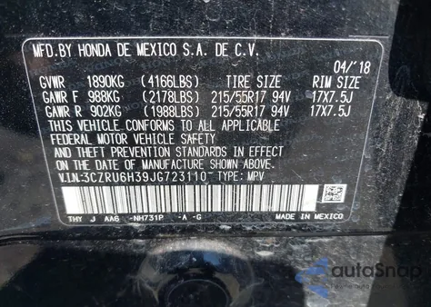 2018 Honda Hr-V Lx from USA, damaged, VIN 3CZRU6H39JG723110